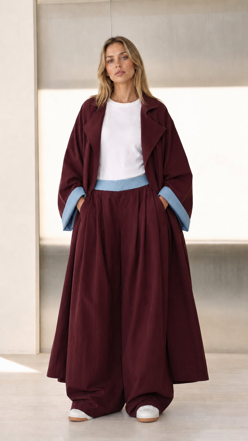 Front view of Burgundy maroon duster coat and wide-leg pants set