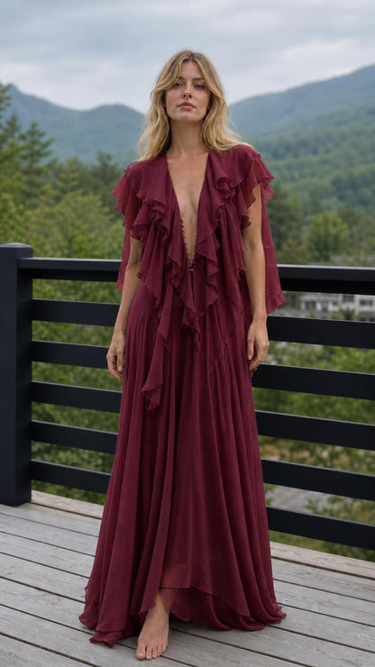 Ethereal Ruffled V-Neck Maxi Dress in Burgundy front view