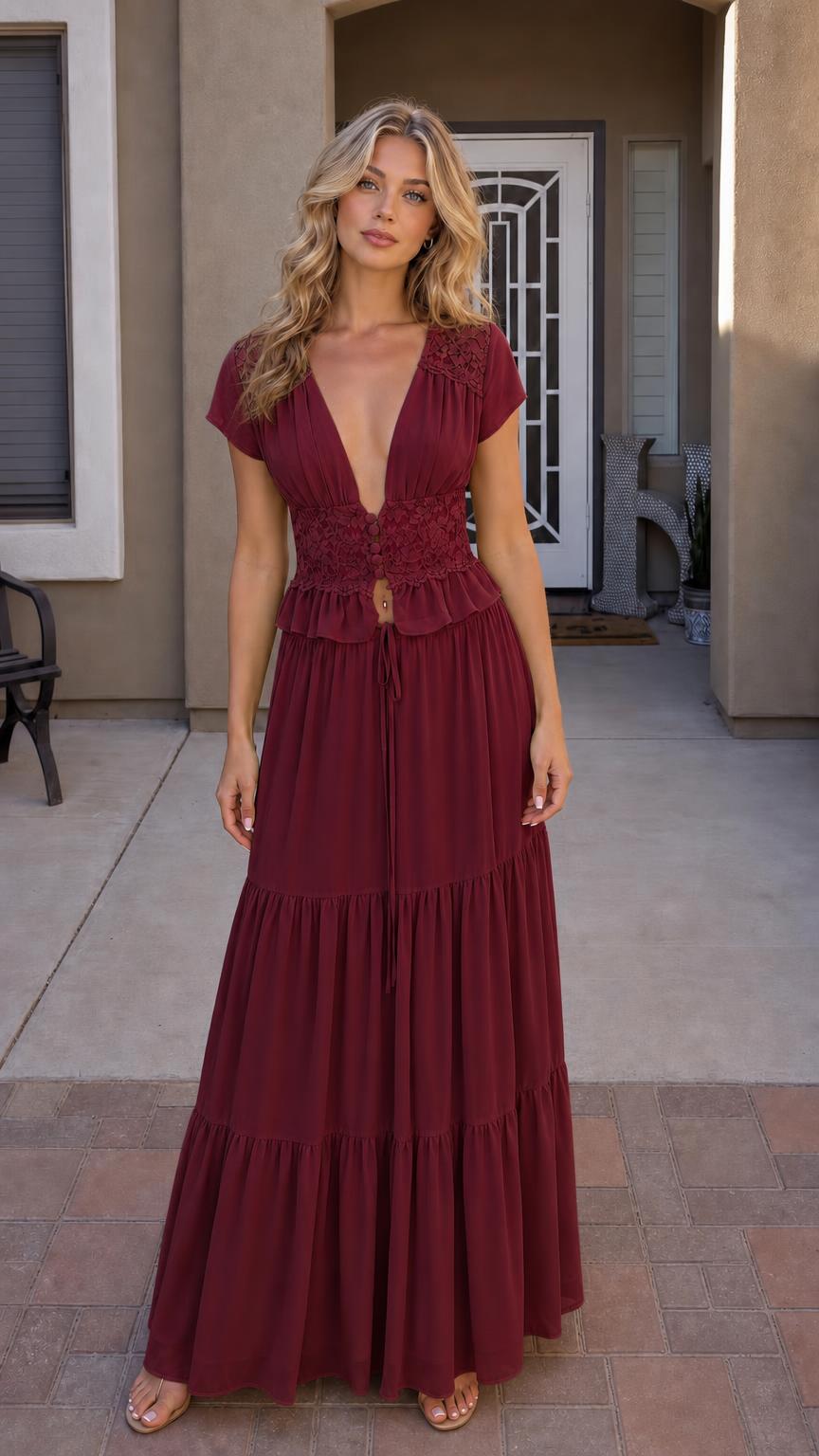 Front view of burgundy maxi dress variant