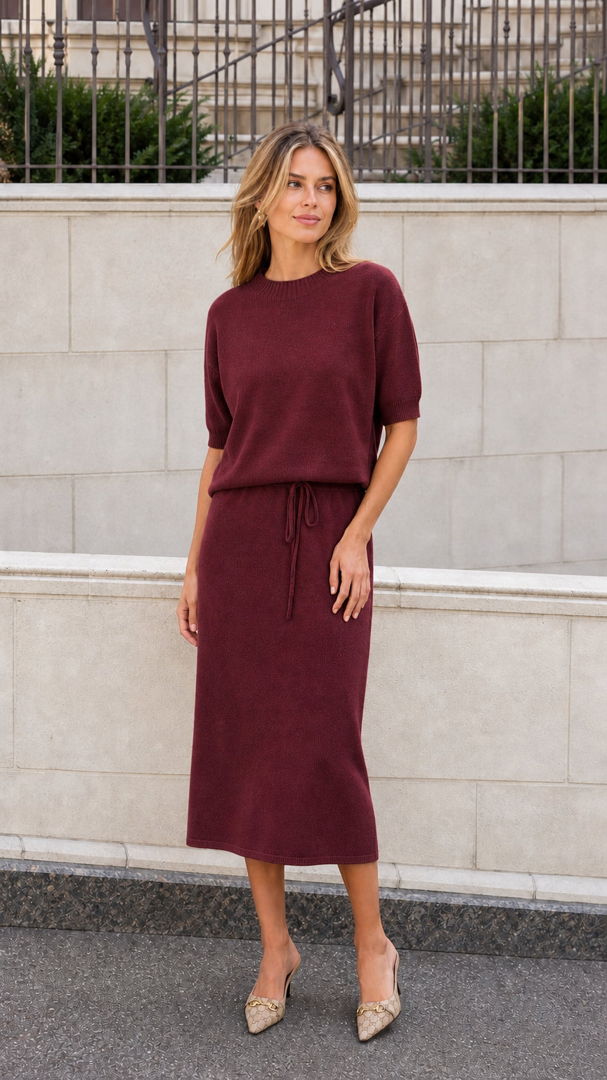 Burgundy short sleeve knit midi dress with drawstring waist shown on a model