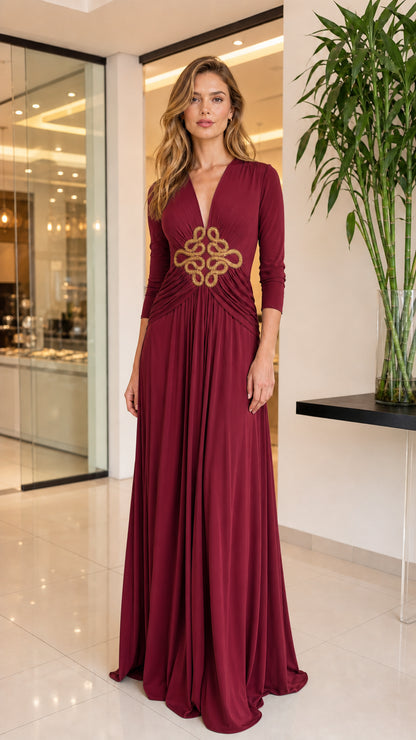 Burgundy red formal V-neck floor length dress