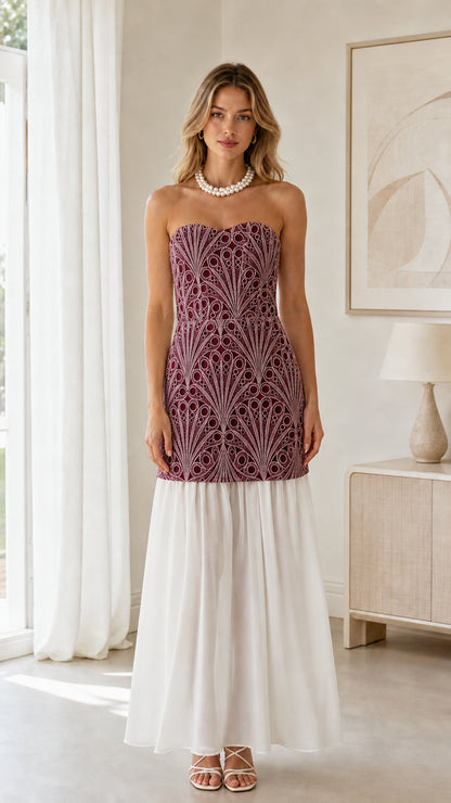 Front view of burgundy wine embroidered bodice with white skirt strapless maxi dress