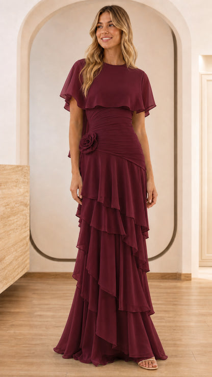 Full view of burgundy formal evening gown