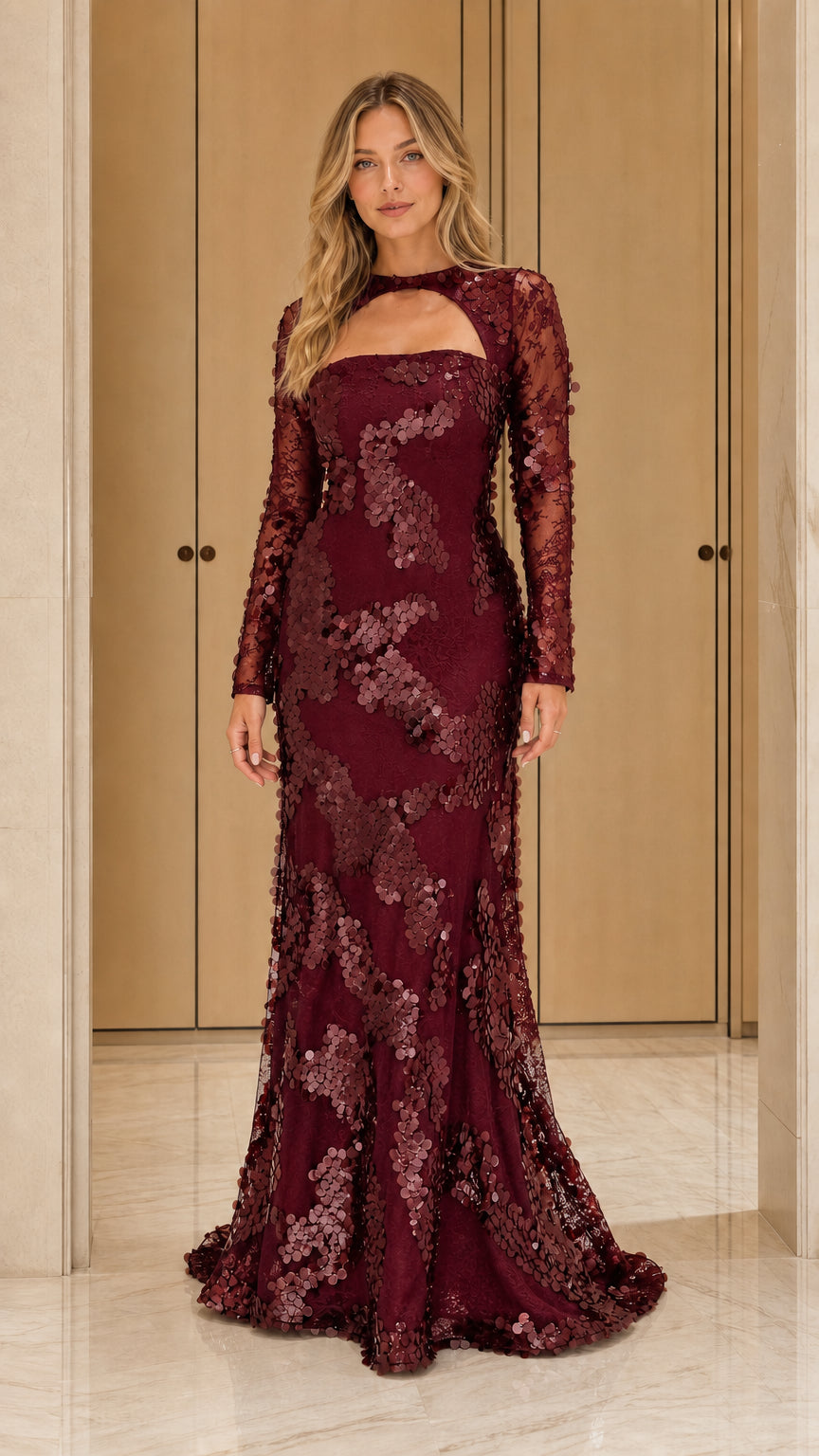 Burgundy color variant of sequin evening dress