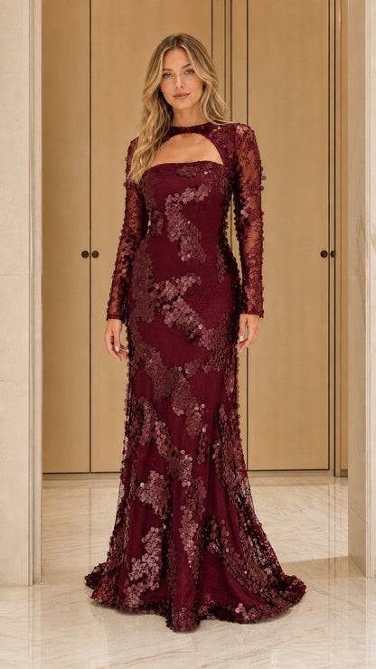 Burgundy color variant of sequin evening dress