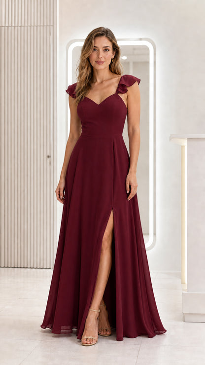 Front view of burgundy formal maxi dress
