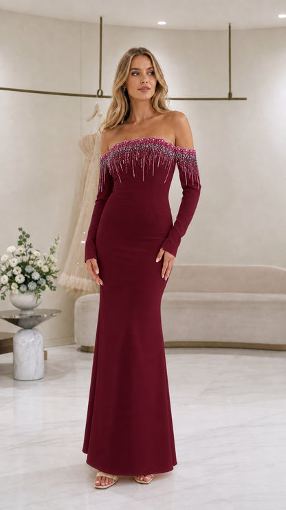 Burgundy wine red off-the-shoulder long sleeve maxi dress with beaded neckline