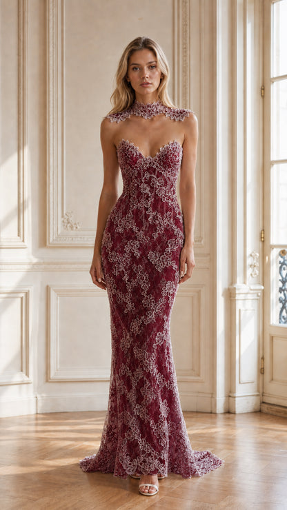Burgundy wine floral lace formal gown with sweep train
