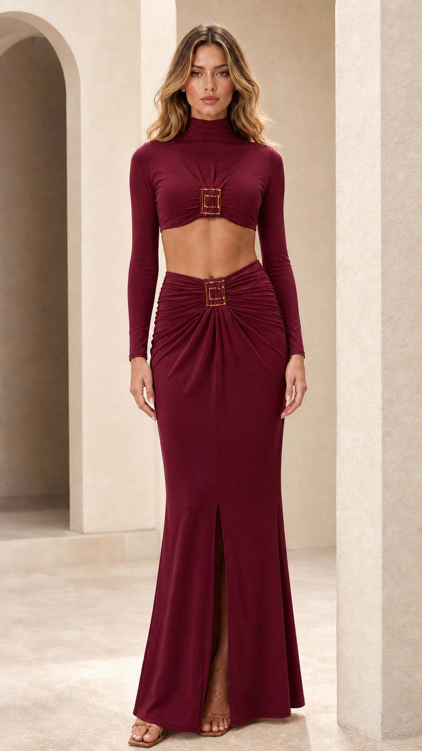 Full-body view of woman wearing burgundy two-piece set