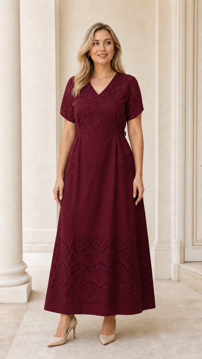 Full-length view of woman wearing burgundy wine red eyelet embroidered maxi dress