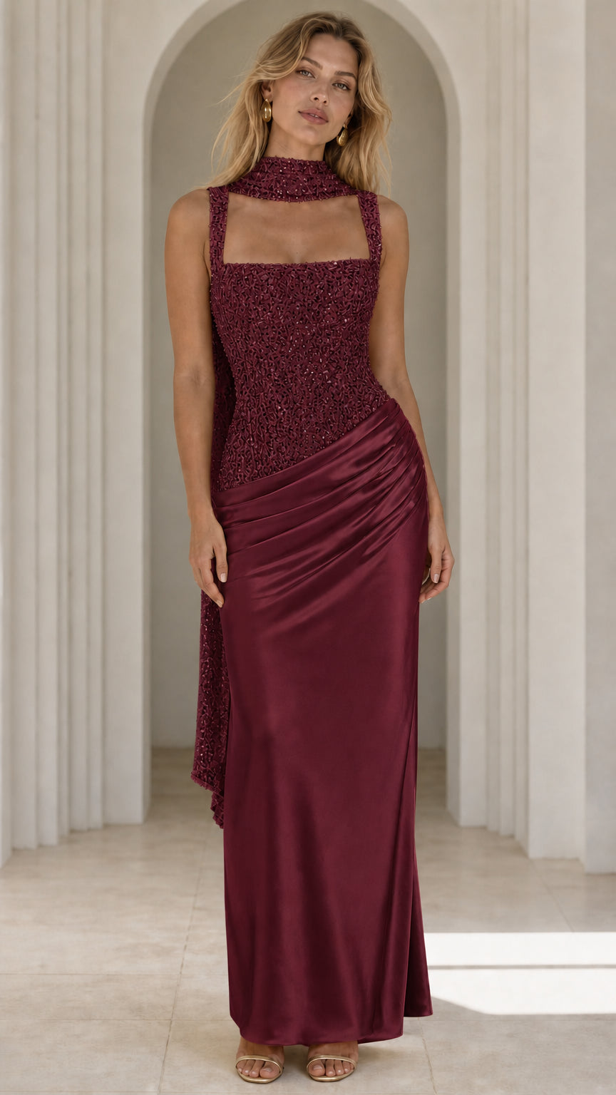 Front view of burgundy evening gown