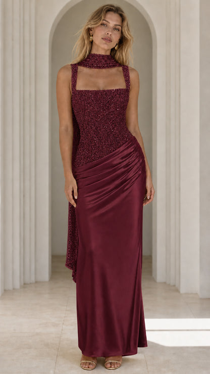Front view of burgundy evening gown