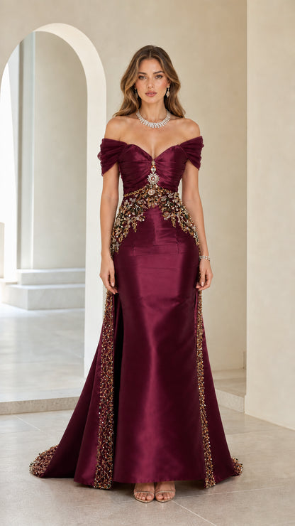 Front view of burgundy off-shoulder beaded satin evening gown