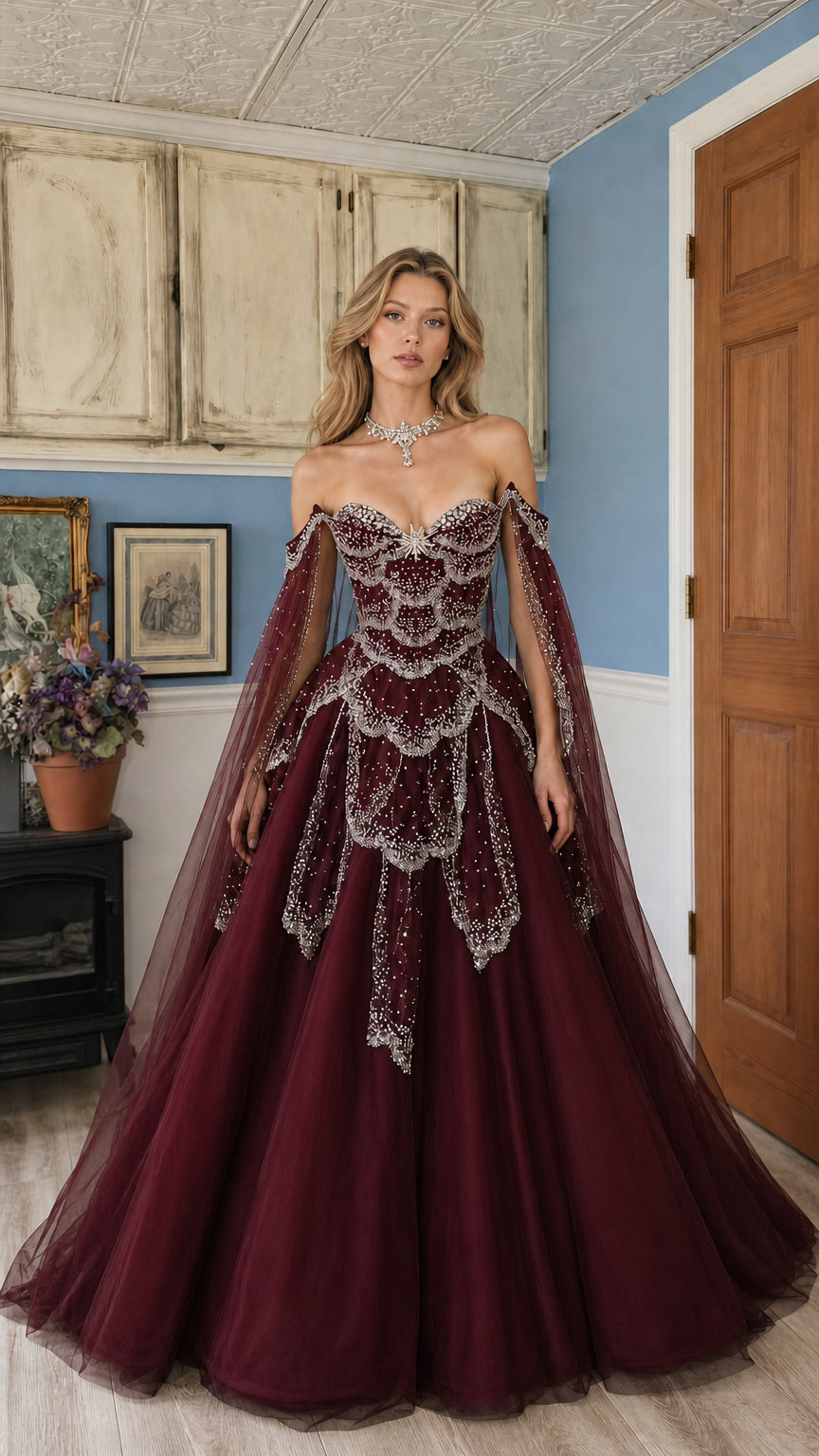 Burgundy wine off-the-shoulder beaded formal gown with voluminous skirt
