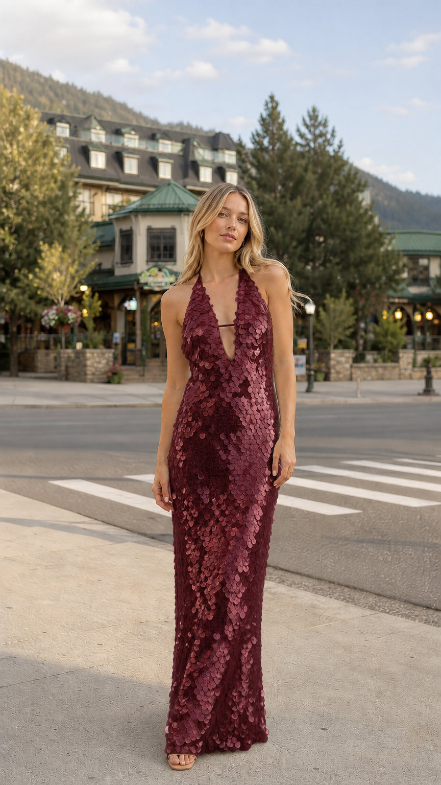 Woman wearing burgundy sequin halter maxi dress