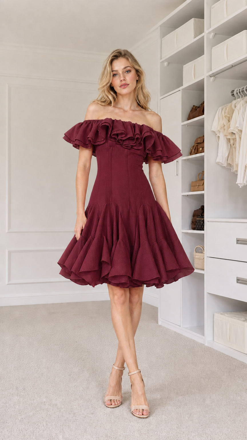Front view of model wearing burgundy off-shoulder dress
