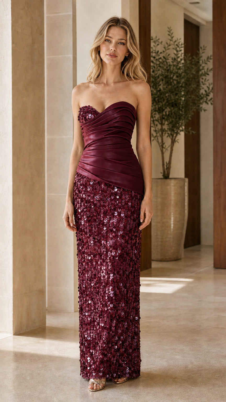 Model wearing burgundy wine strapless ruched sequin column evening gown