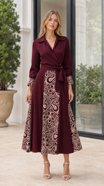 Front view of woman wearing Burgundy embroidered midi shirt dress
