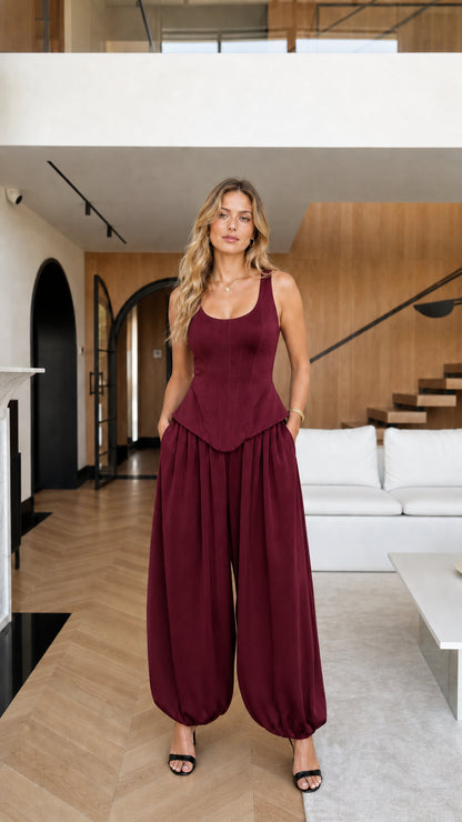 Front full view of woman wearing Burgundy two piece set