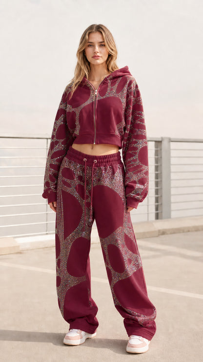 Women's burgundy wine red glitter graphic cropped hoodie and sweatpants set
