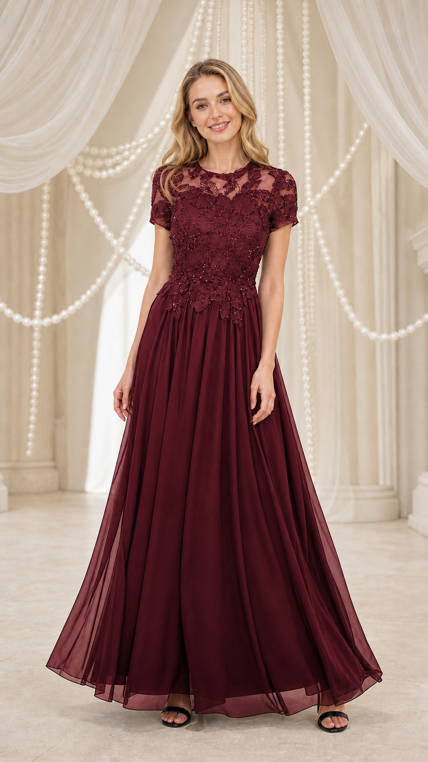 Model wearing burgundy lace applique chiffon evening dress