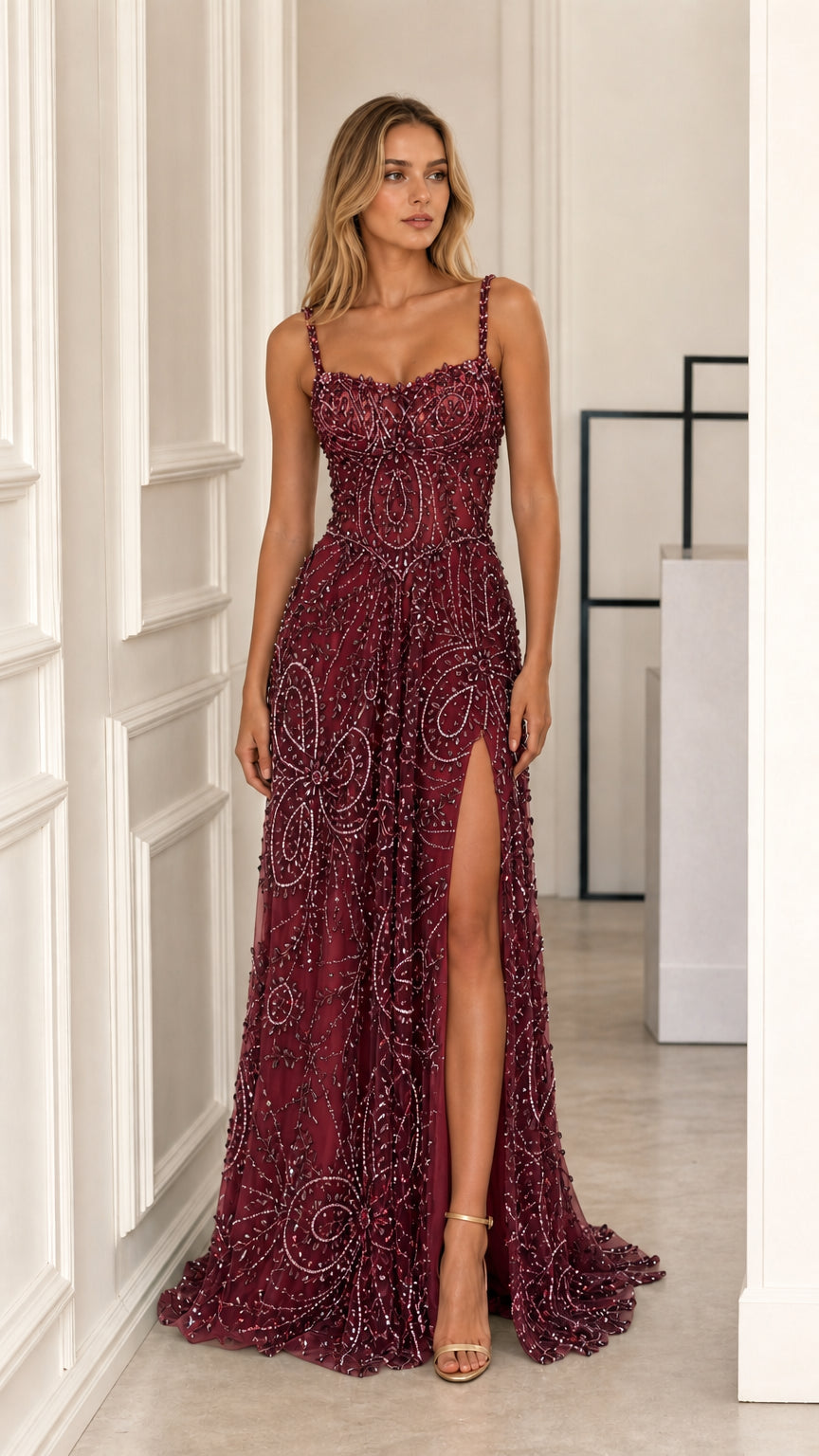 Burgundy beaded evening dress