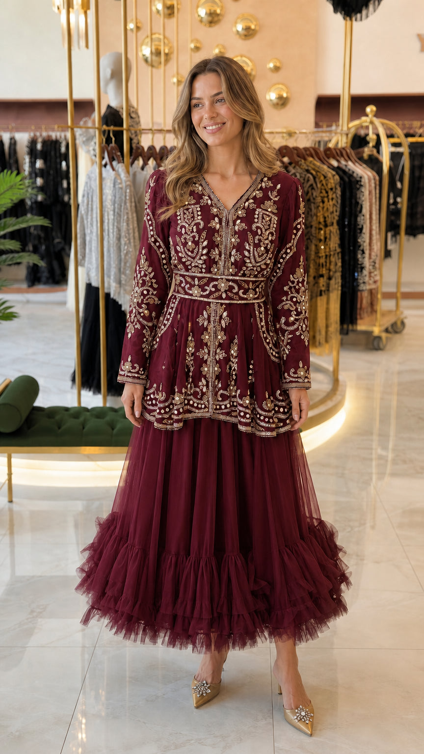 Burgundy wine embroidered peplum tulle maxi evening dress front view