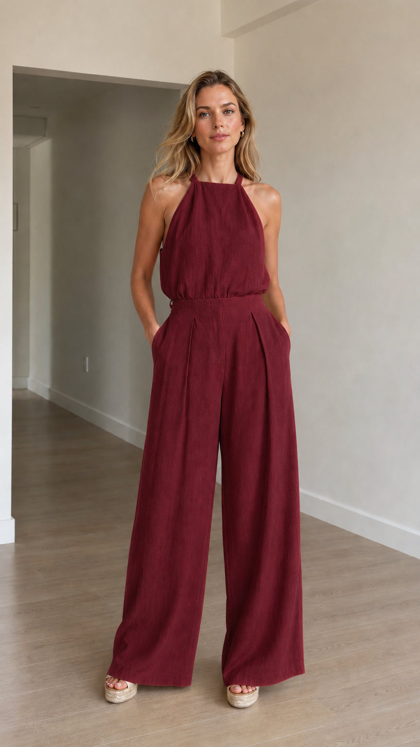 Model wearing burgundy halter neck jumpsuit