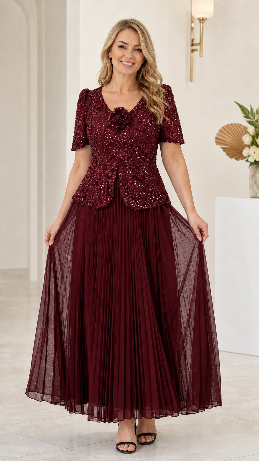 Front view of rich burgundy wine sequin and pleated tulle maxi dress