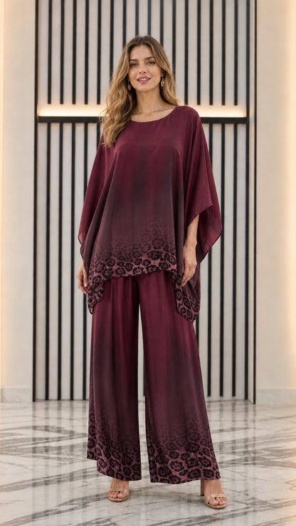 Burgundy ombre batwing top and wide-leg pants set