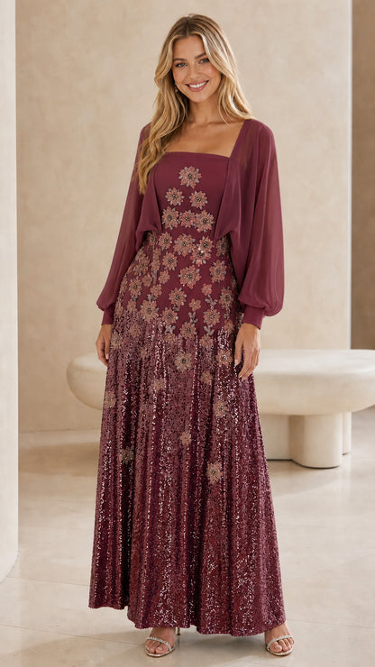 Front view of burgundy wine floral sequin maxi formal dress