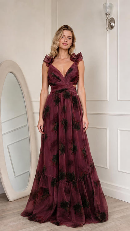 Burgundy floral print ruffled maxi dress front view