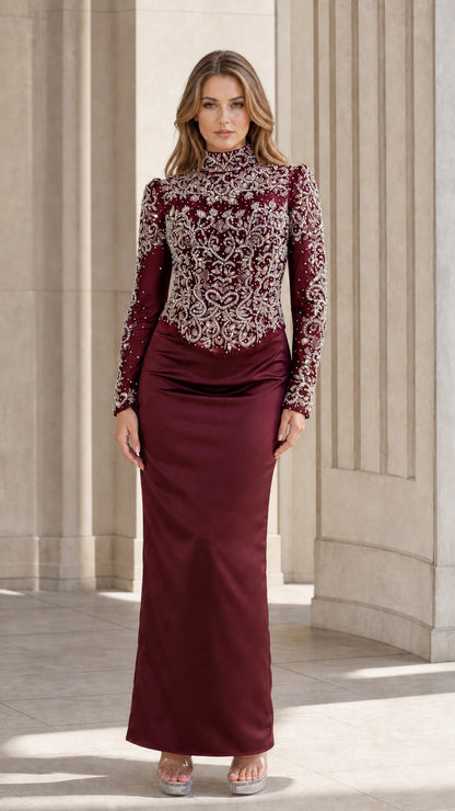 Burgundy color variant gown