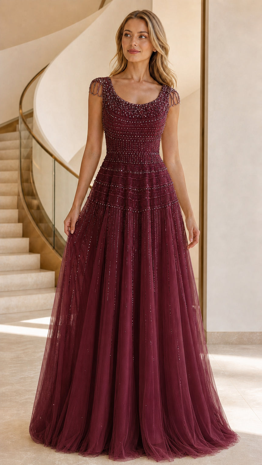 Burgundy beaded tulle evening gown
