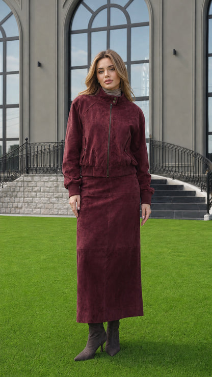 Full-length view of woman wearing Burgundy wine red faux suede matching set