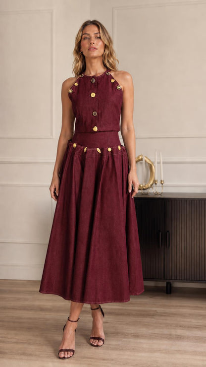 Full-length view of model in burgundy two-piece set
