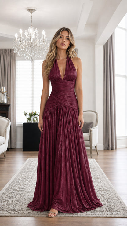 Elegance Halter Neck Pleated Maxi Dress in Burgundy