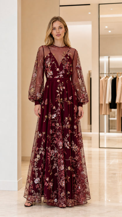 Front view of woman wearing burgundy embroidered maxi dress