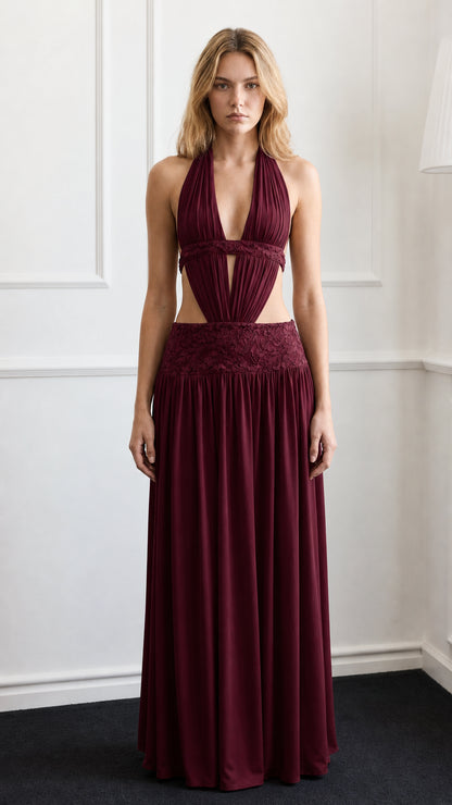 Front view of burgundy halter cutout maxi dress