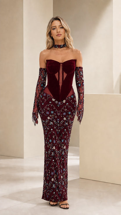 Burgundy strapless sequin evening gown with matching gloves