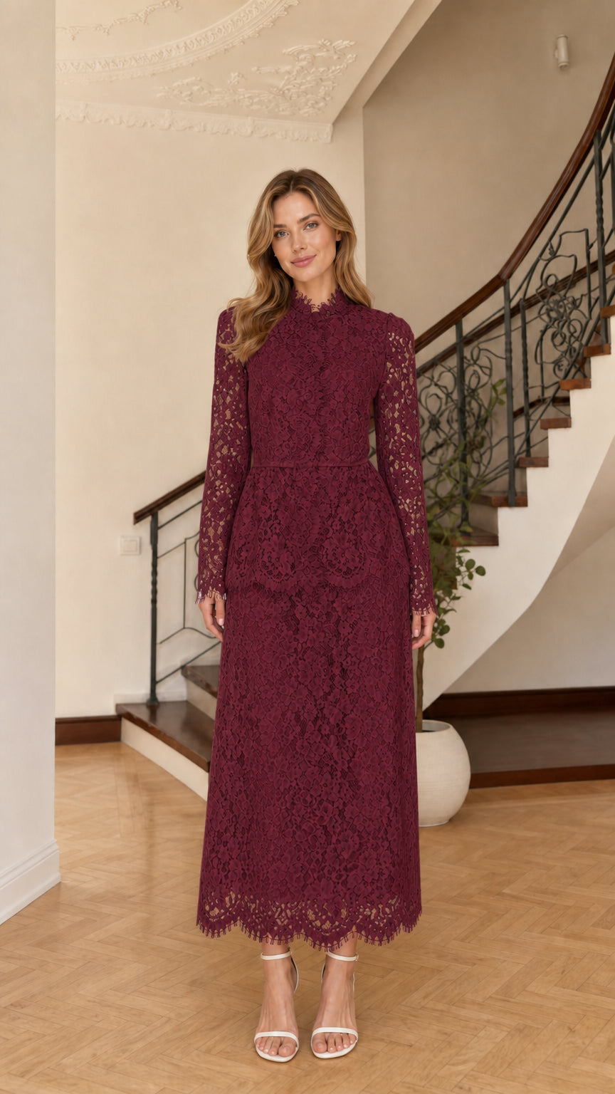 Burgundy wine red long sleeve lace formal maxi dress