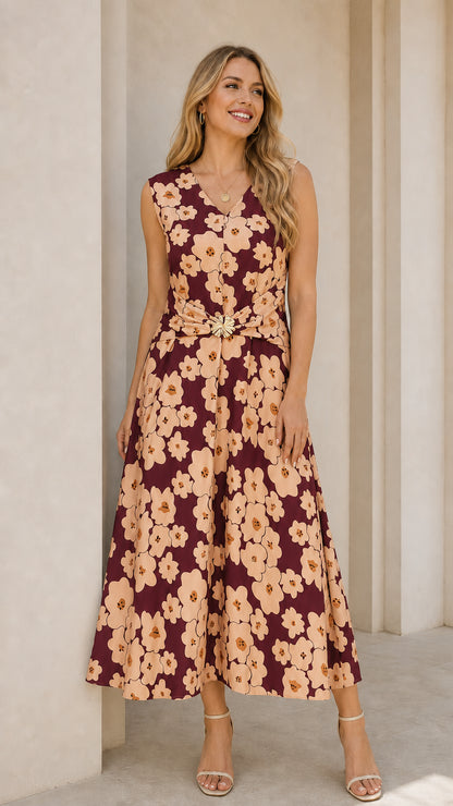 Burgundy floral midi dress