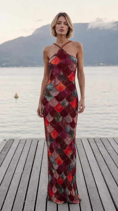 Front view of burgundy color variant maxi dress