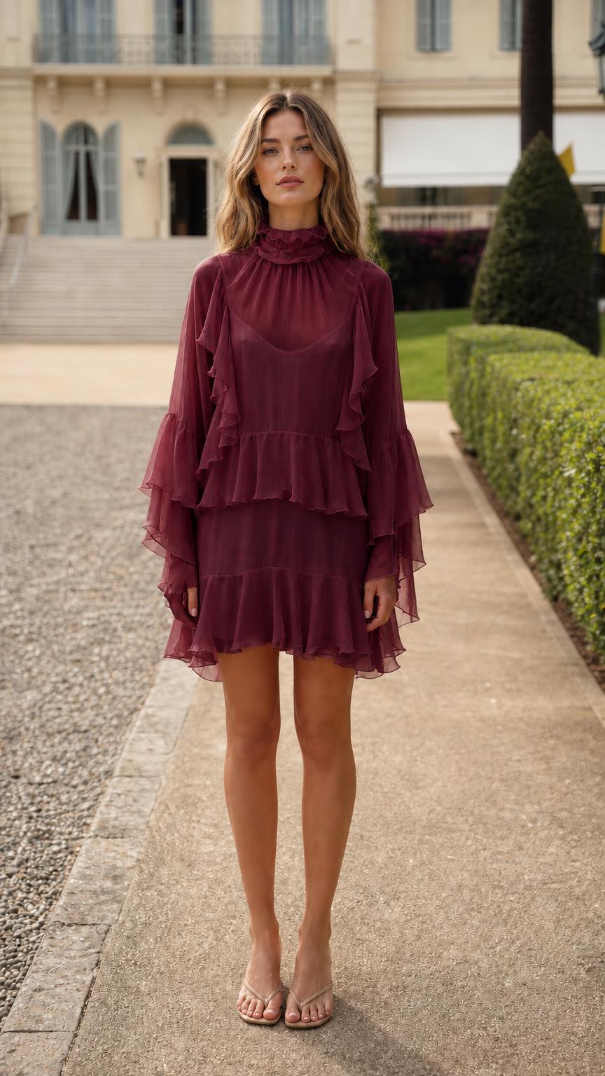 Front view of model in burgundy color variant