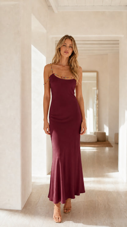 Model wearing Burgundy beaded strap maxi dress