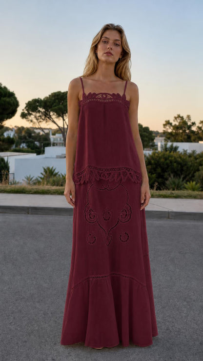Full outfit view in deep burgundy color variant