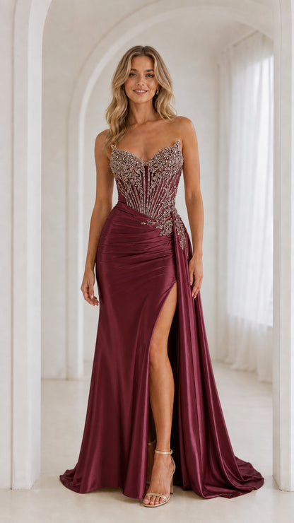 Front view of burgundy color variant evening gown