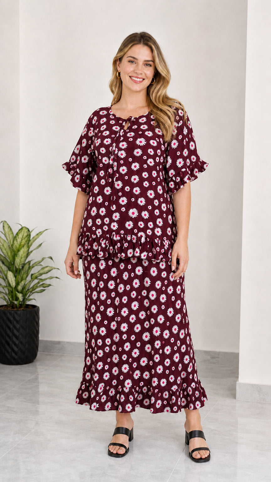 Full front view of women's burgundy wine floral print matching top and maxi skirt set