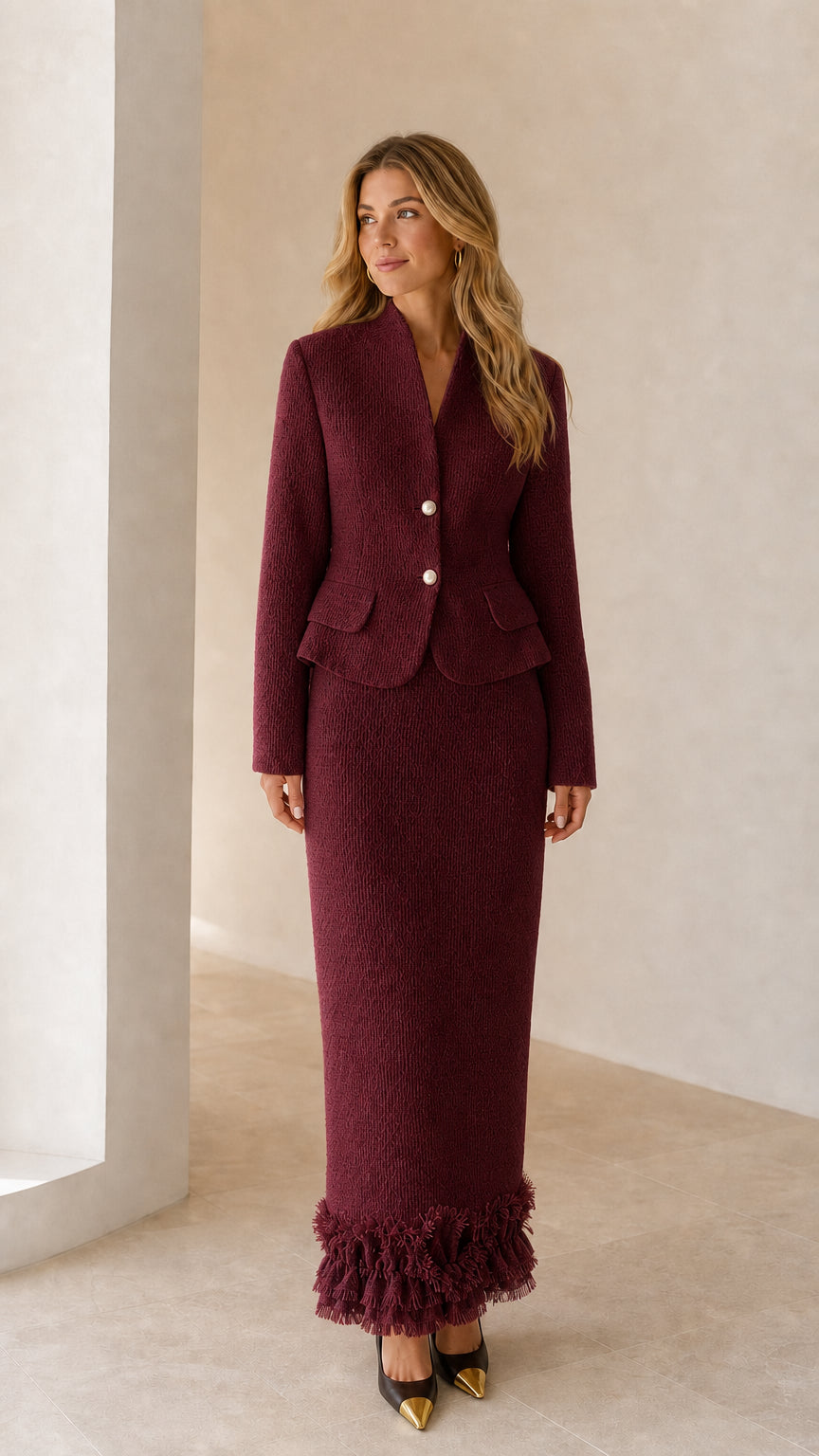 Model wearing burgundy tweed blazer and maxi skirt set