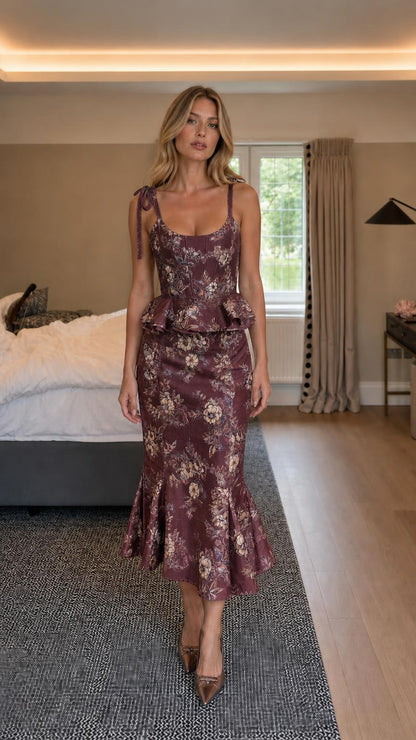 Burgundy floral corset peplum top and mermaid midi skirt set